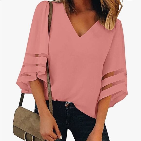 Women's Casual V Neck Loose Mesh Panel Chiffon 3/4 Bell Sleeve Blouse Top - Picture 1 of 2